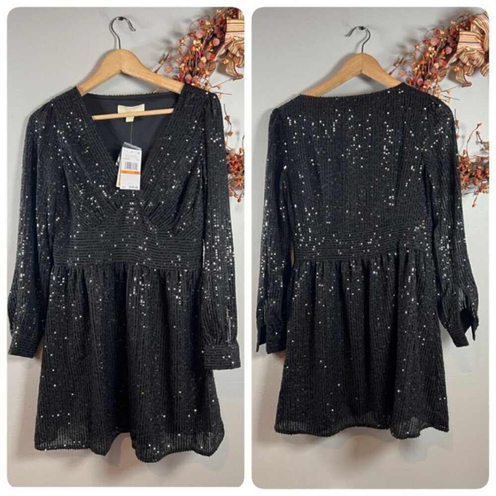 Michael Michael Kors Black Sequin V-Neck Long Sleeve Mini Dress Shimmer Party PS - Picture 2 of 10
